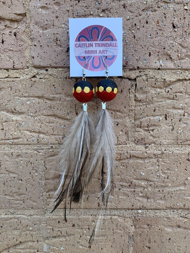 Aboriginal Flag Emu Feather Earrings