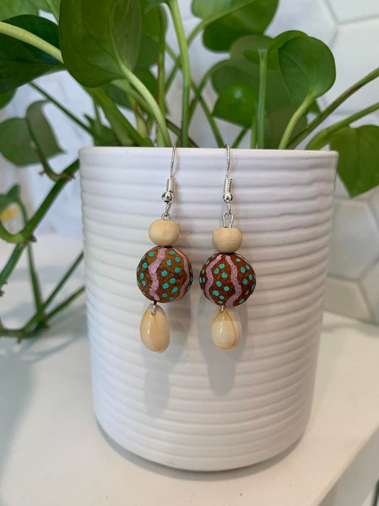 Painted Sandalwood Seed and Shell Earrings (Melon)