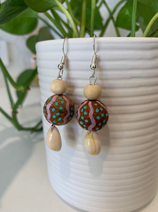 Painted Sandalwood Seed and Shell Earrings (Melon)