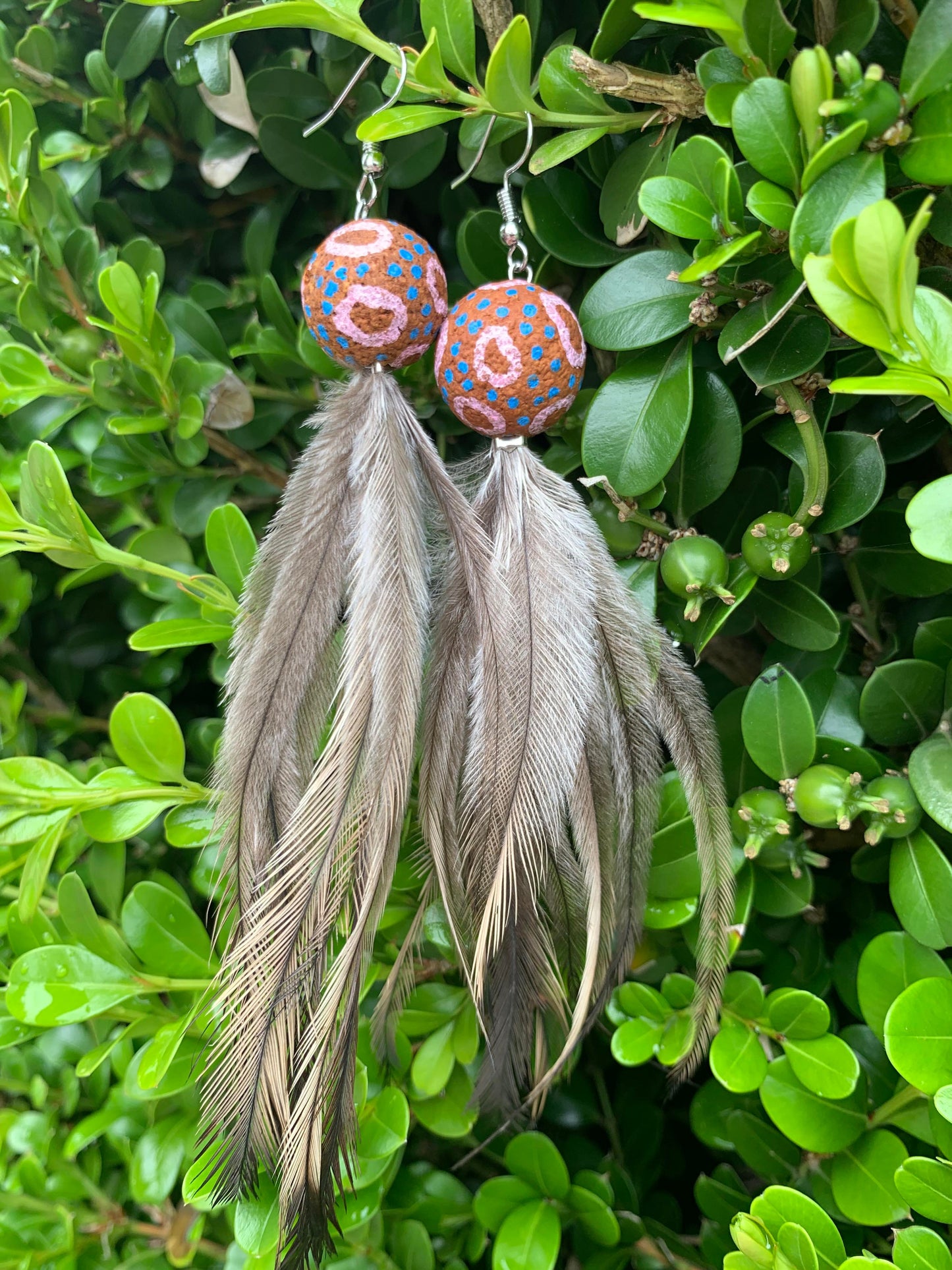 Emu Feather Earrings with Hand Painted Seeds (Pink Circles)