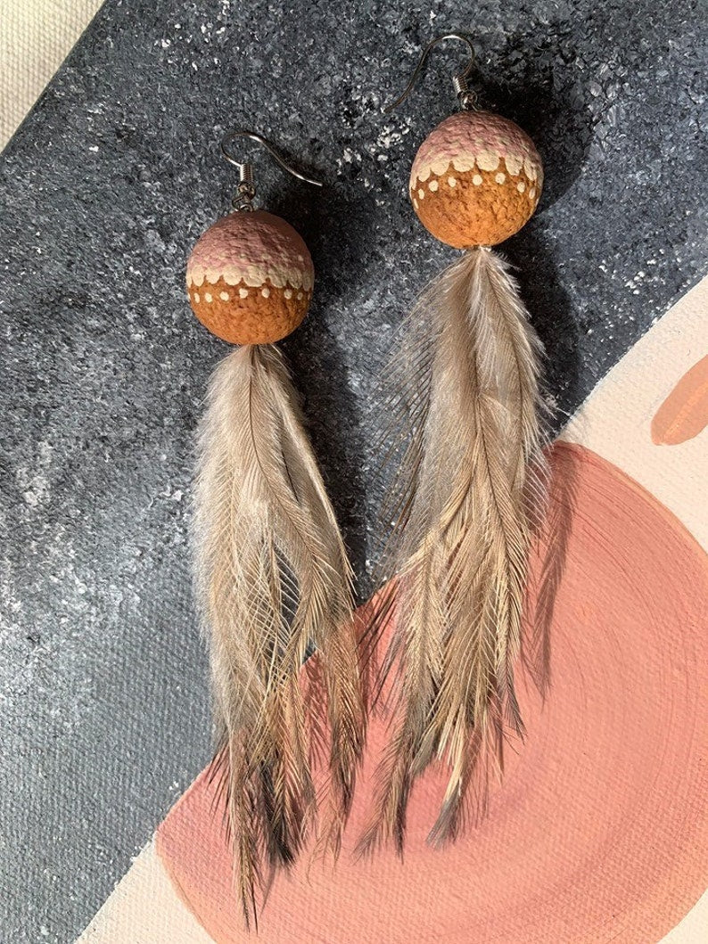 Emu Feather Earrings with Painted Seeds