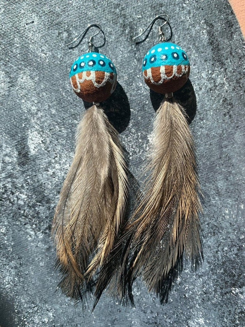 Emu Feather Earrings with Painted Seeds