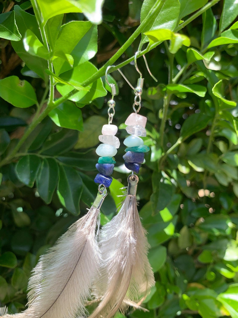 Gemstones and Emu Feather Earrings